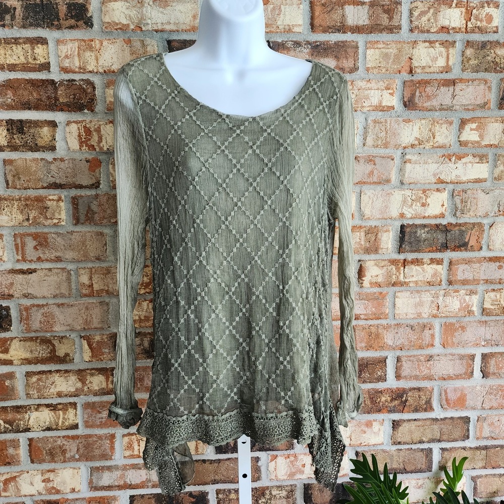 Saks Italian Silk Top L Ethereal Moss Green Fairy Grunge‎ Whimsigoth Lagenlook